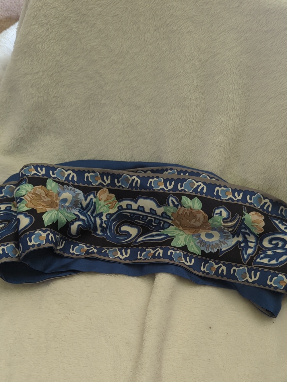 Talbots Blue Floral Silk Scarf with Brown and Green Accents